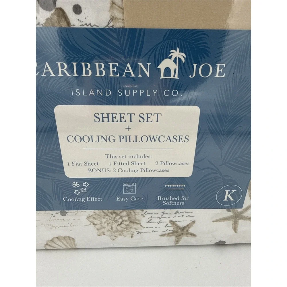 Caribbean Joe Shell Notes Taupe 6-Piece King Sheet Set w Cooling Pillowcases New